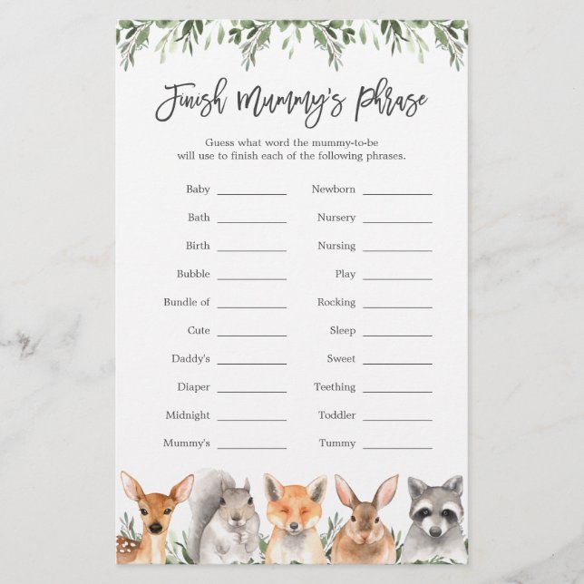 Papier Woodland Baby shower Finish Mummy's Phrase Game (Devant)