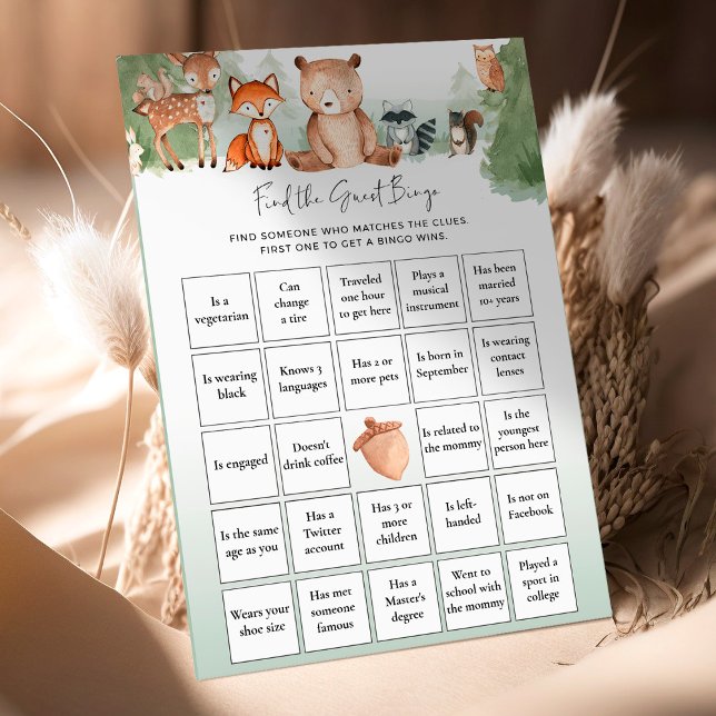 Papier Woodland Baby shower Jeu Trouvez Le Bingo Invité (Créateur téléchargé)