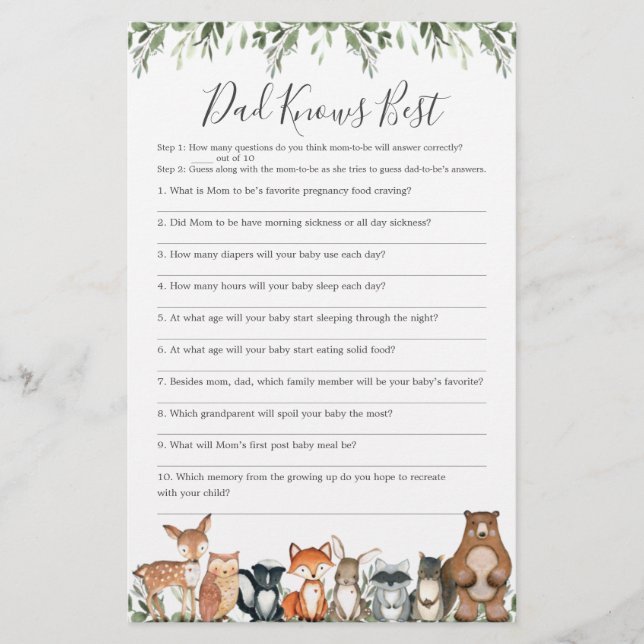 Papier Woodland Baby shower Papa connaît le meilleur jeu (Devant)