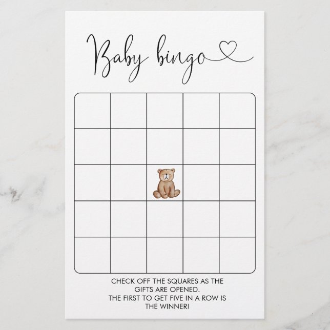 Papier Woodland Bear Baby shower Bingo Jeu (Devant)