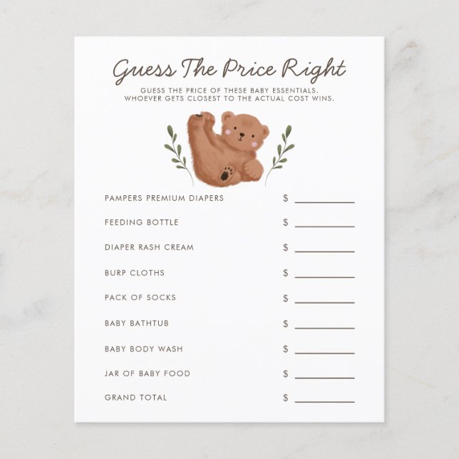 Papier Woodland Bear Baby shower Devinez Le Prix Juste (Devant)
