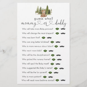 Papier Woodland Bear Baby shower "Devinez qui" Jeu