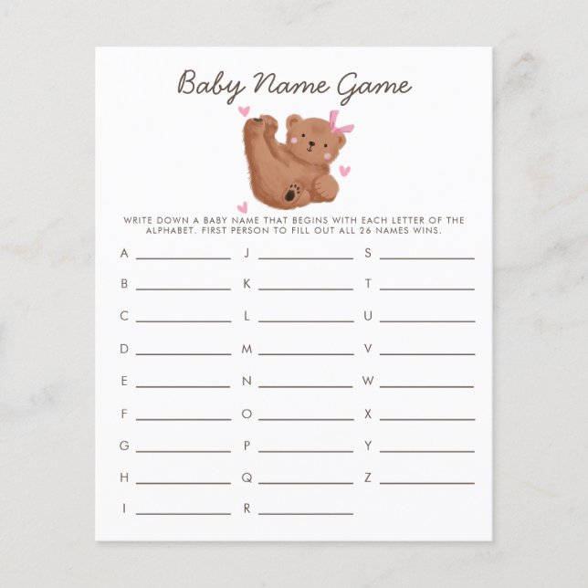 Papier Woodland Bear Girl Baby Nom Douche Jeu (Devant)