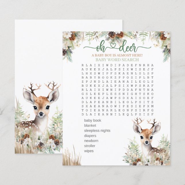 Papier Woodland Deer Baby shower Jeu de garçon (Devant / Derrière)