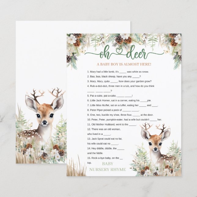 Papier Woodland Deer Baby shower Jeu de garçon (Devant / Derrière)