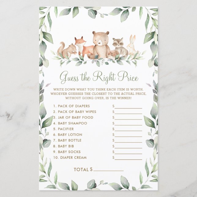 Papier Woodland devine le bon prix jeu de Baby shower (Devant)