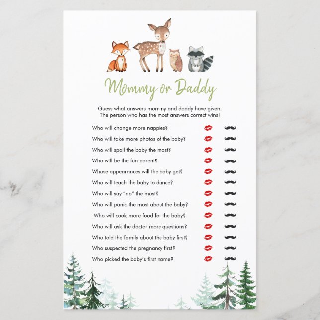 Papier Woodland Forest Baby shower maman ou papa jeu (Devant)