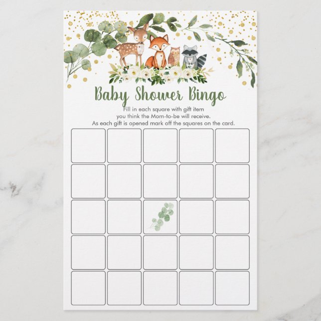 Papier Woodland Green Baby shower Bingo Jeu (Devant)