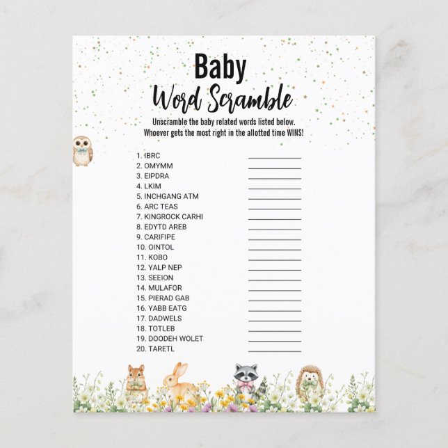 Papier Woodland mignon animal Baby shower mot brouiller (Devant)