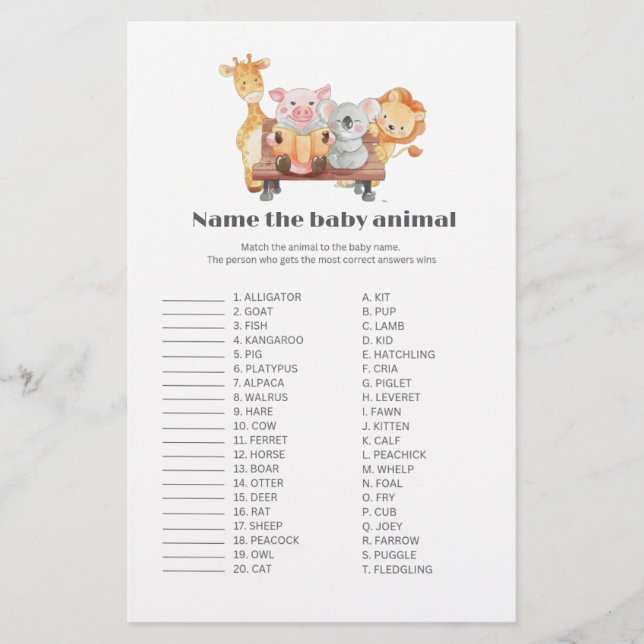 Papier Woodland Nom du bébé animal jeu de baby shower (Devant)