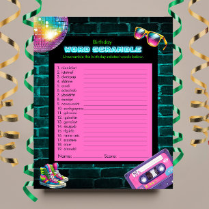Papier Word Scramble 90s Neon Disco Jeu d'anniversaire