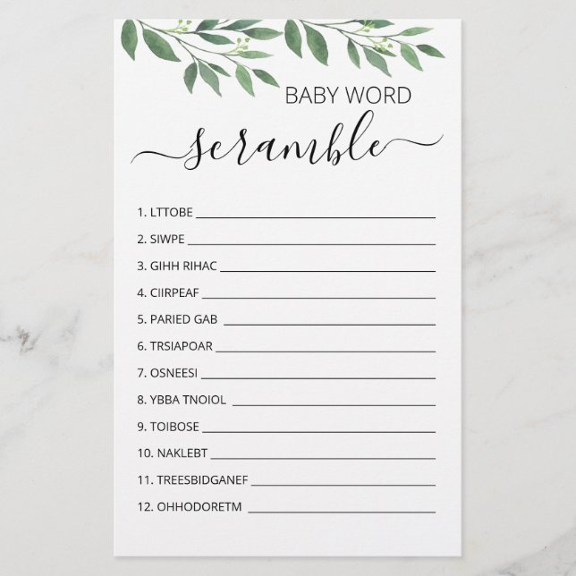 Papier Word Scramble Baby Jeu Baby shower partie (Devant)
