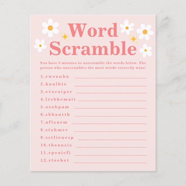 Papier Word Scramble Jeu Rose Daisy Baby shower (Devant)
