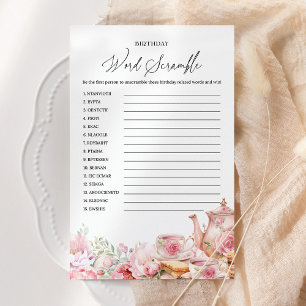 Papier Word Scramble Rose Floral Tea Jeu d'Anniversaire