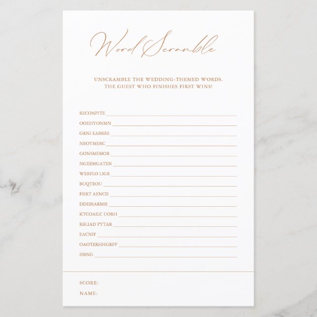 Papier Word Scramble White Elegant Fête des mariées Jeu (Devant)