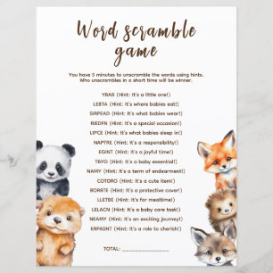 Papier Word Scramble Woodland Animaux Baby shower Jeu