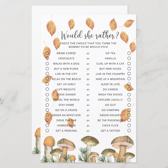 Papier Would She Rather - Jeu de Baby Shower sur le thème (Devant / Derrière)