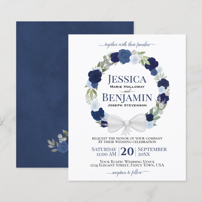 Papier Wreath of Blue Roses Élégant BUDGET Mariage Invita (Devant / Derrière)