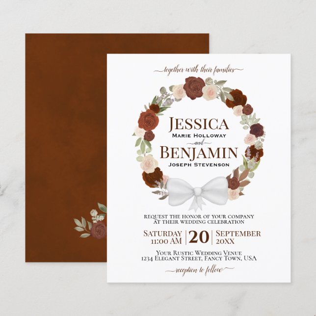 Papier Wreath of Rust Orange Rose BUDGET Wedding Invitati (Devant / Derrière)