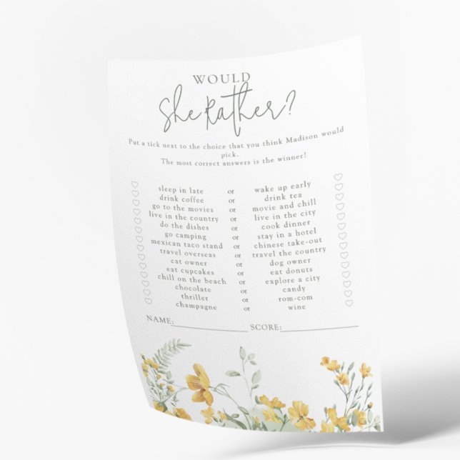 Papier Yellow Floral | Would She Rather Baby Shower Game (Créateur téléchargé)