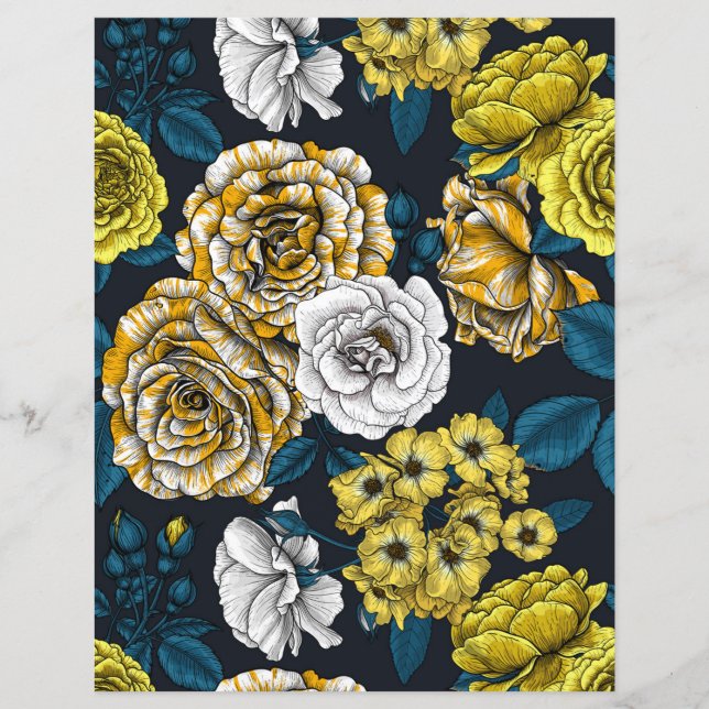 Papier Yellow, white and bi-color roses with blue leaves (Devant)