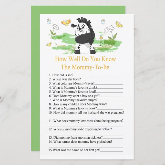 Papier Zebra À quel point connaissez-vous la fête de bébé (Devant / Derrière)