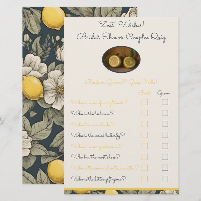 Papier 'Zest' Wives Couple Quiz jeu de douche (Devant / Derrière)