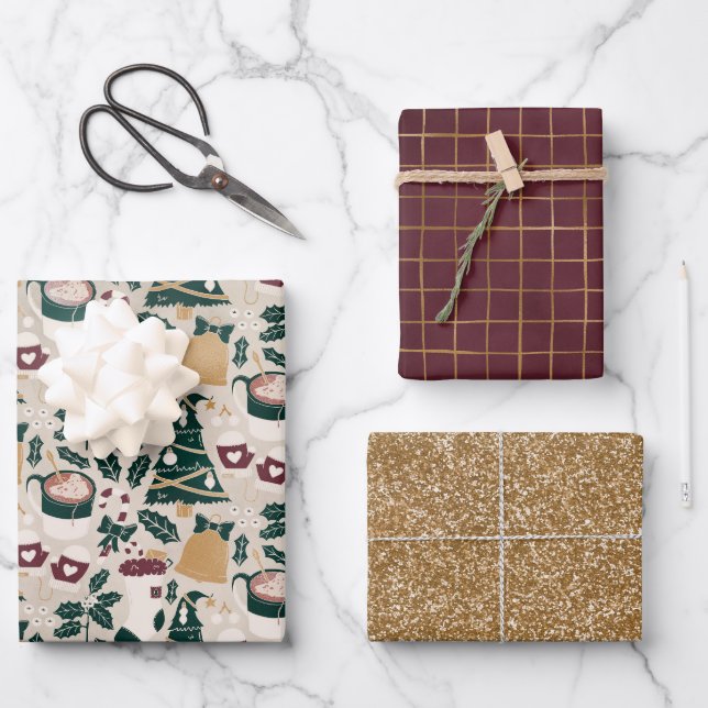 Papierblätter aus Gold, Holly und Kakao Geschenkpapier Set (Vorderseite)