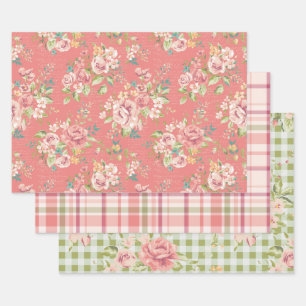 Papierblätter aus rosa und grünem Blumenmuster Geschenkpapier Set