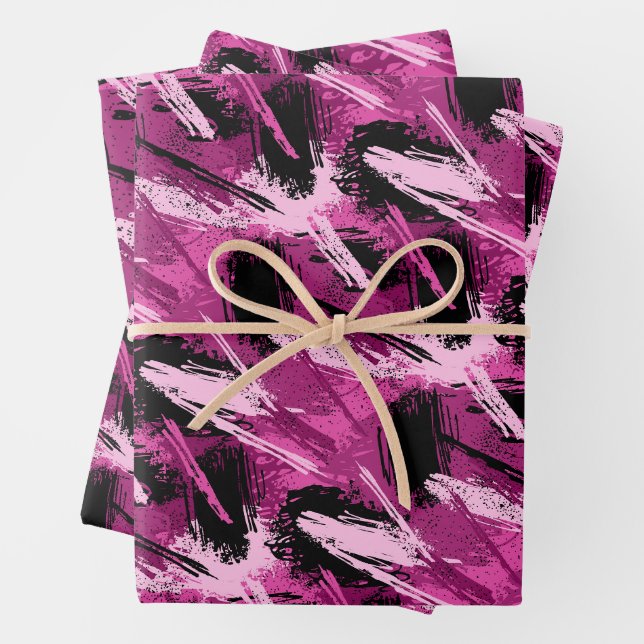 Papierblätter aus rosa und schwarzem Pinsel Geschenkpapier Set (Beispiel)