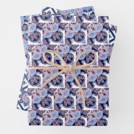Papierblätter, blau gefliest, Set 3 Geschenkpapier Set