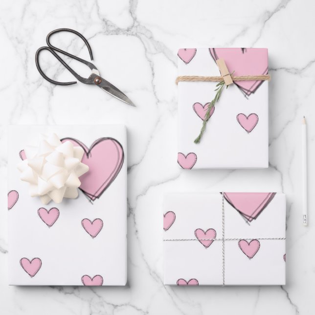 Papierblätter umhüllen Valentins rosa Herzen Geschenkpapier Set (Vorderseite)