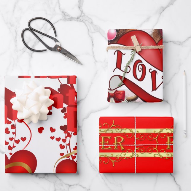Papierblätter umhüllen Valentins rote Herzen Geschenkpapier Set (Vorderseite)