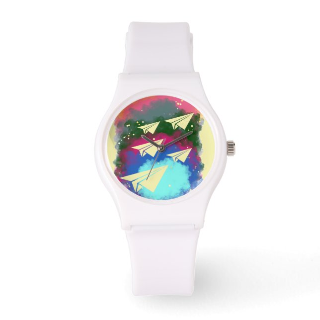 Papierflugzeuge und T - Shirt mit farbigem Rauch Armbanduhr (Vorderseite)