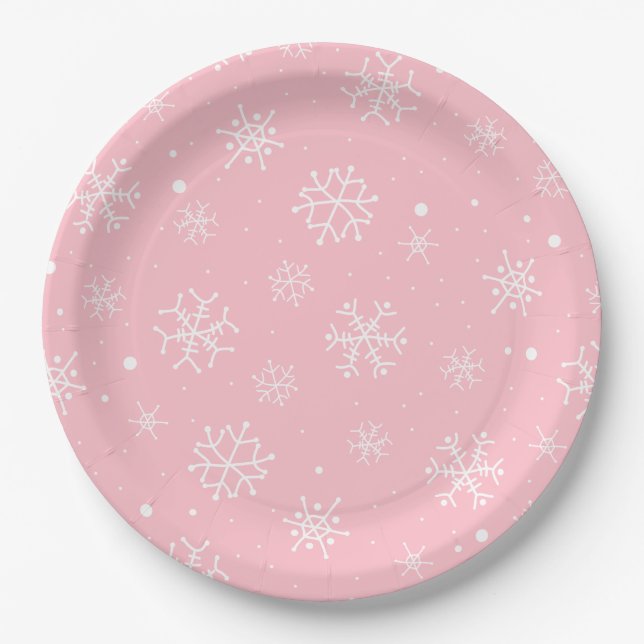 Papierplatte aus rosa und weißen Schneeflocken Pappteller (Vorderseite)