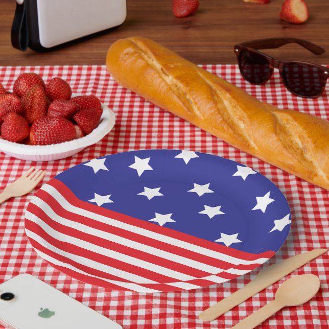 Papierplatte aus weißem Rot und blauem Sternen Pappteller (Picknick)