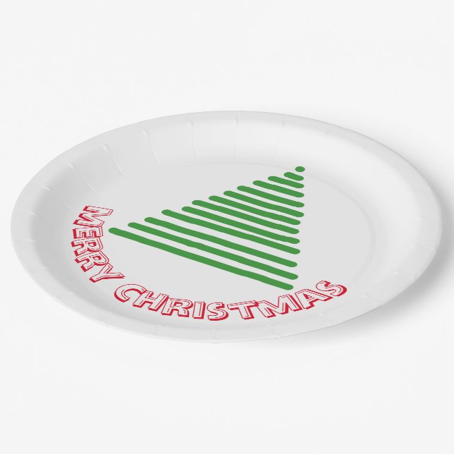 Papierplatte - Baum und frohe Weihnachten Pappteller (Schrägansicht)