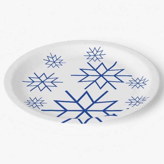 Papierplatte - Blaue Schneeflocken Pappteller (Schrägansicht)