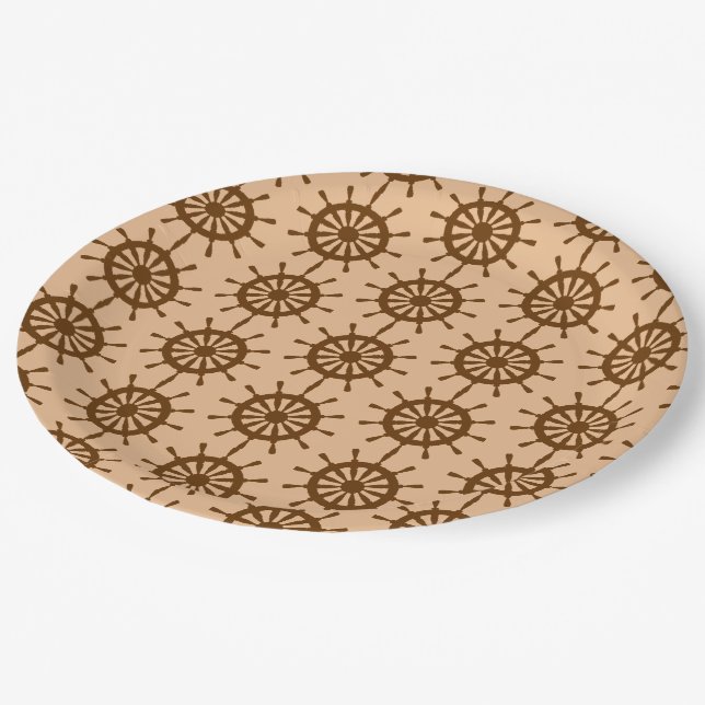 Papierplatte - braune Schiffsräder Pappteller (Schrägansicht)