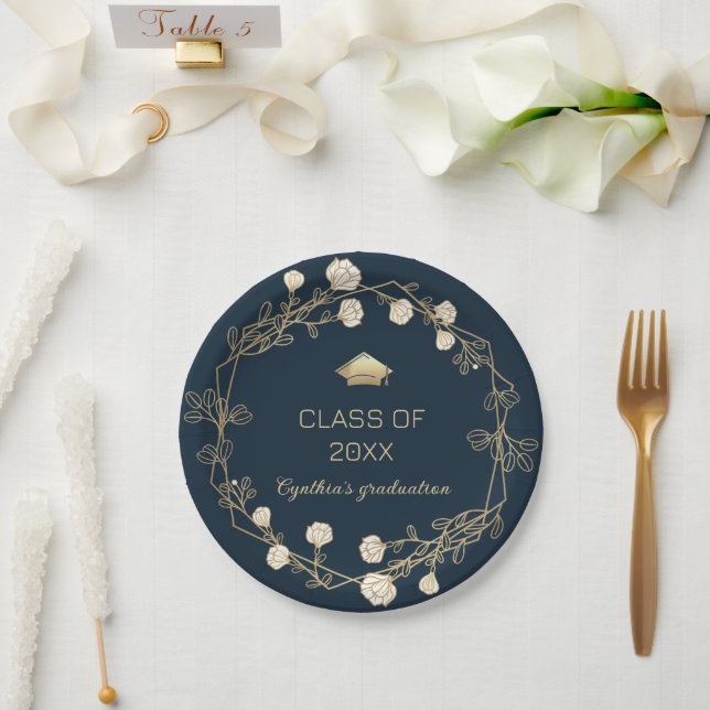 Papierplatte der Navy Blue Gold Floral Class Absch Pappteller (Hochzeit)
