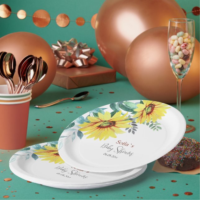 Papierplatte für Babydusche mit Sonnenblumen. Pappteller (Multi)