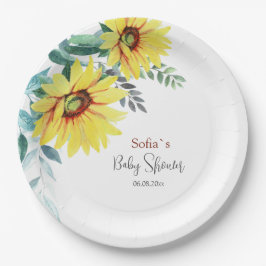 Papierplatte für Babydusche mit Sonnenblumen. Pappteller