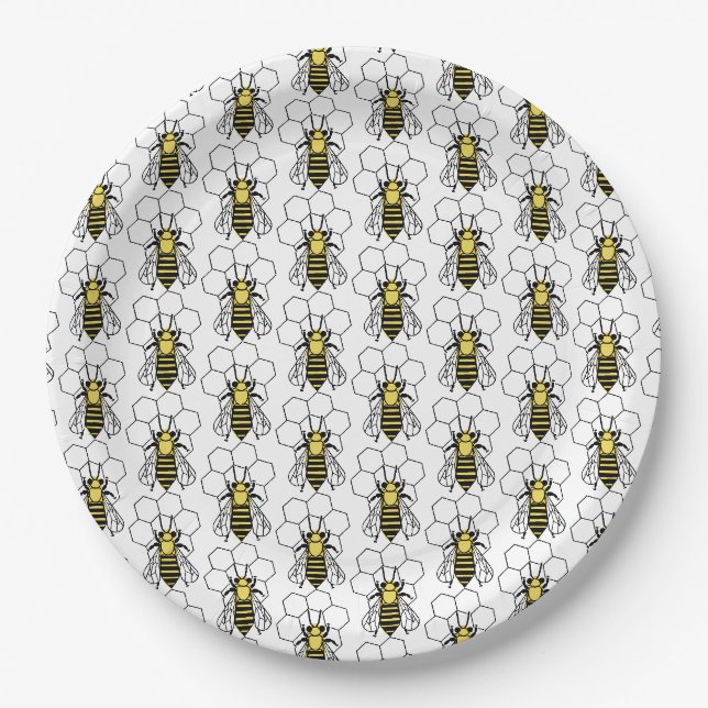 Papierplatte - Gelbe und Schwarze Bienen Pappteller (Vorderseite)