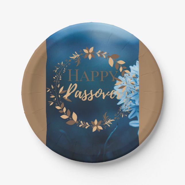 Papierplatte glücklicher Pessach Blaubraune Flora Pappteller (Vorderseite)