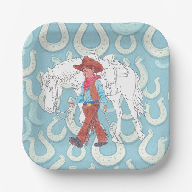 Papierplatte Junge Cowboy und Pferd Pappteller (Vorderseite)