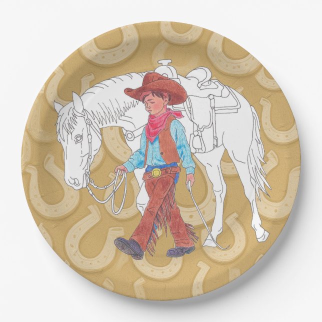 Papierplatte Junge Cowboy und Pferd Pappteller (Vorderseite)