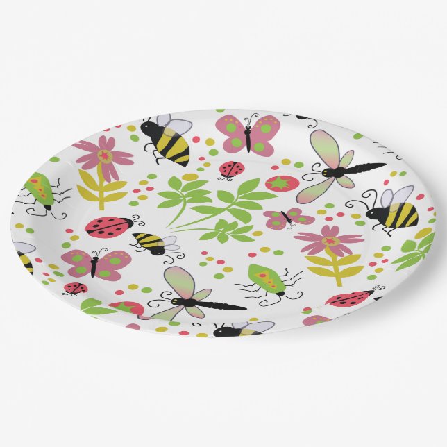 Papierplatte mit freundlichen Gartenbugs und Biene Pappteller (Schrägansicht)