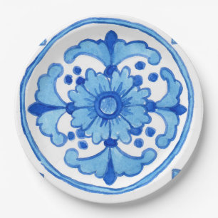 Papierplatte mit Keramik-Fliese-Design P1 blau Pappteller