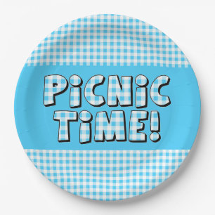 Papierplatte Picnic Time Light Blue Gingham Muster Pappteller