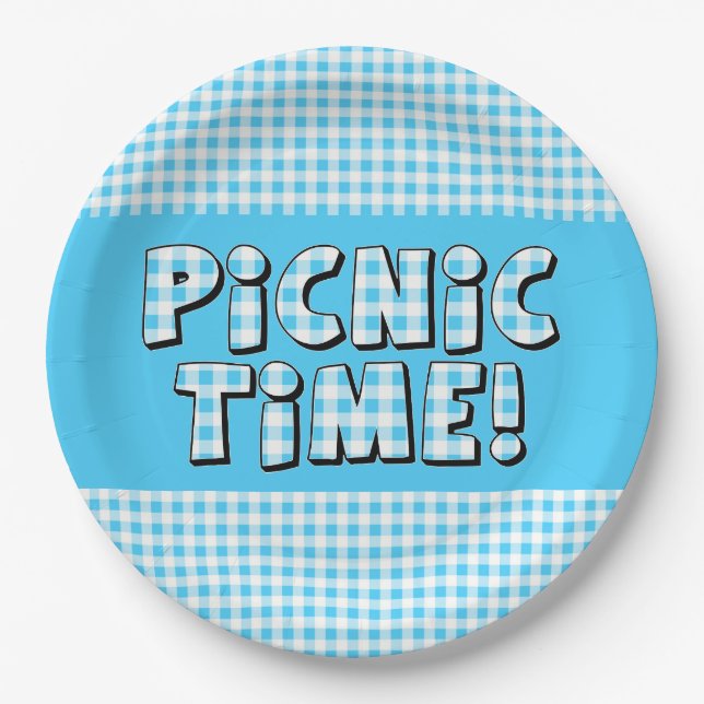Papierplatte Picnic Time Light Blue Gingham Muster Pappteller (Vorderseite)